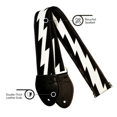 Souldier GS0856BK04BK - Handmade Seatbelt Guitar Strap for Bass, Electric or Acoustic Guitar, 2 Inches Wide and Adjustable Length from 30" to 63"  Made in the USA, Lightning Bolt, Silver on Black