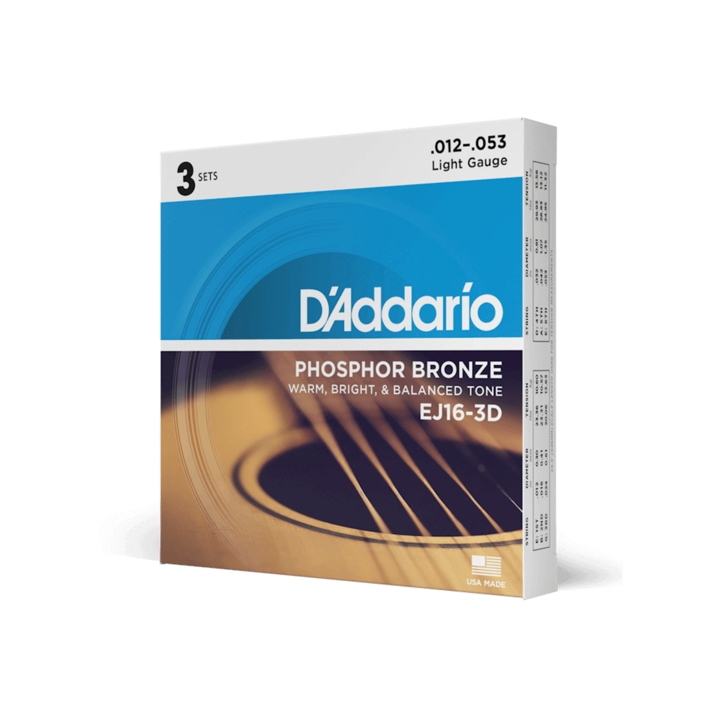 D'Addario Phosphor Bronze Acoustic Guitar Strings, Light, 3 Sets (EJ16-3D)