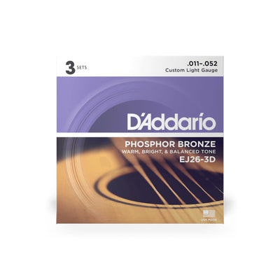 D'Addario Phosphor Bronze Acoustic Guitar Strings, Custom Light, 11-52, 3 Sets (EJ26-3D)