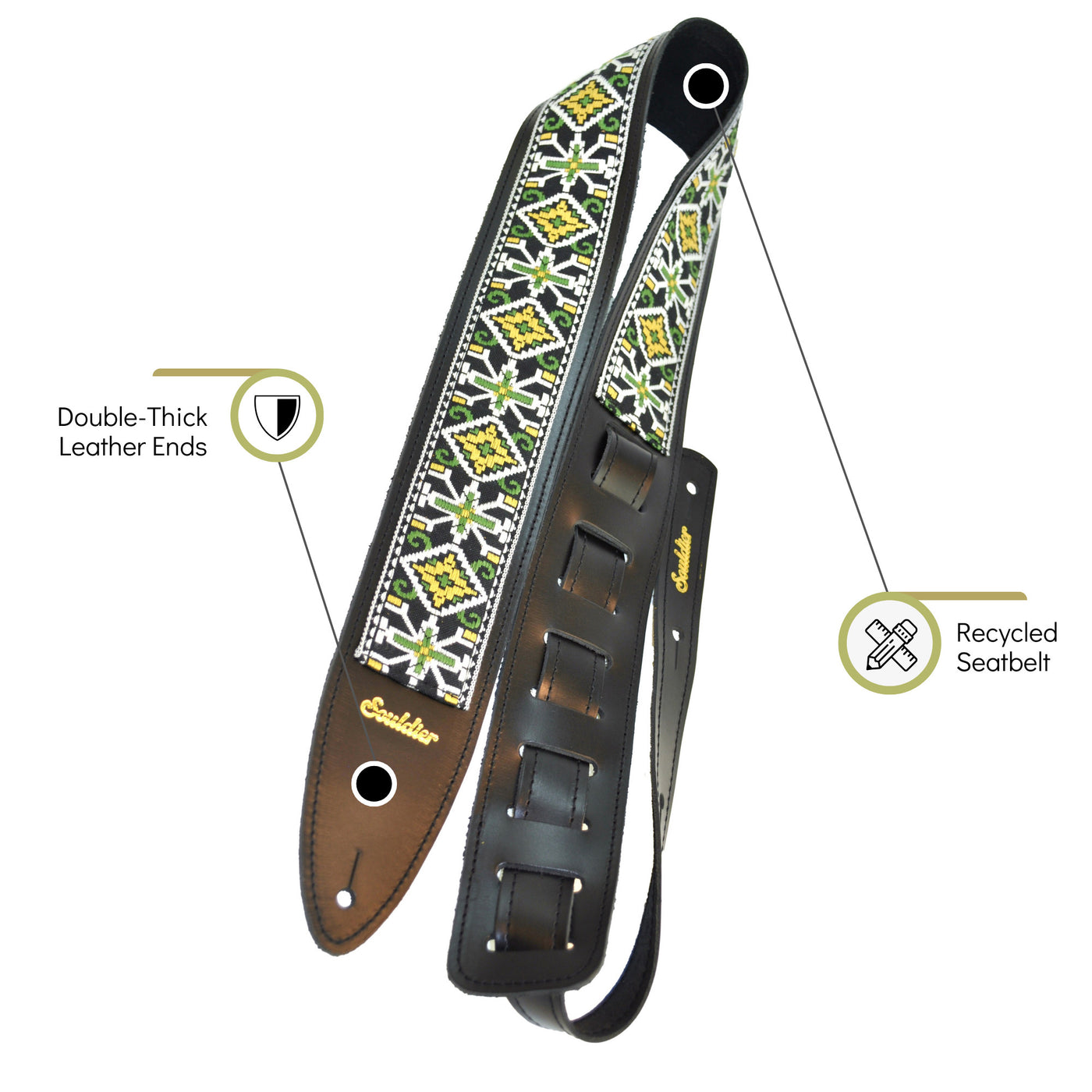 Souldier TGS1318BK01BK - Handmade Souldier Fabric Torpedo Strap for Bass, Electric, or Acoustic Guitar, Adjustable Length from 42.5" to 55" Made in the USA, Gold