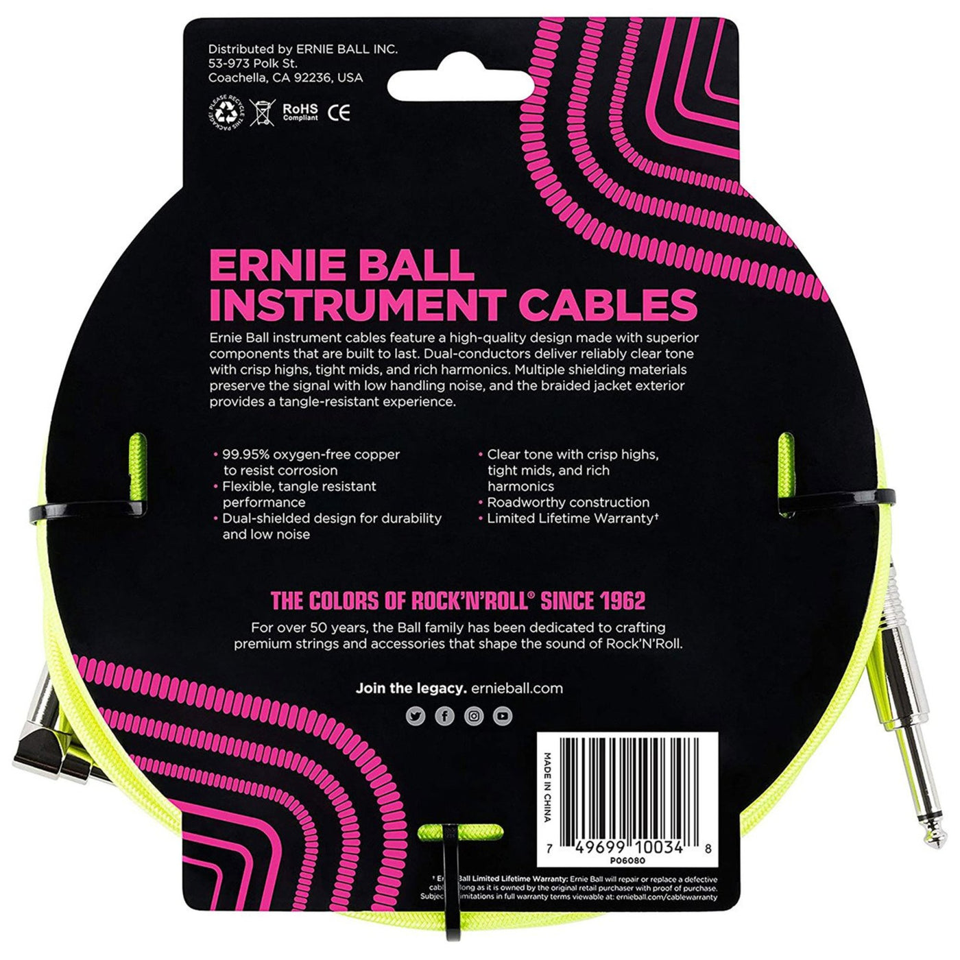 Ernie Ball 10' Instrument Cable, Neon Yellow
