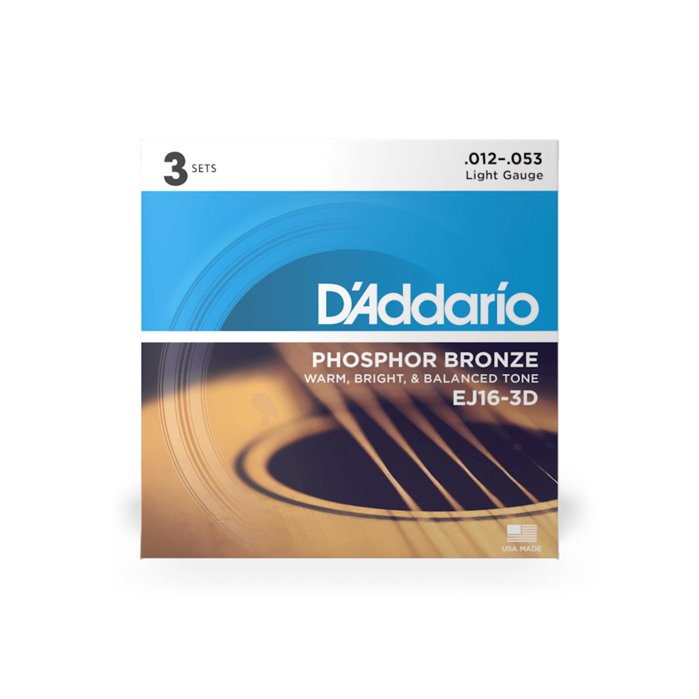 D'Addario Phosphor Bronze Acoustic Guitar Strings, Light, 3 Sets (EJ16-3D)