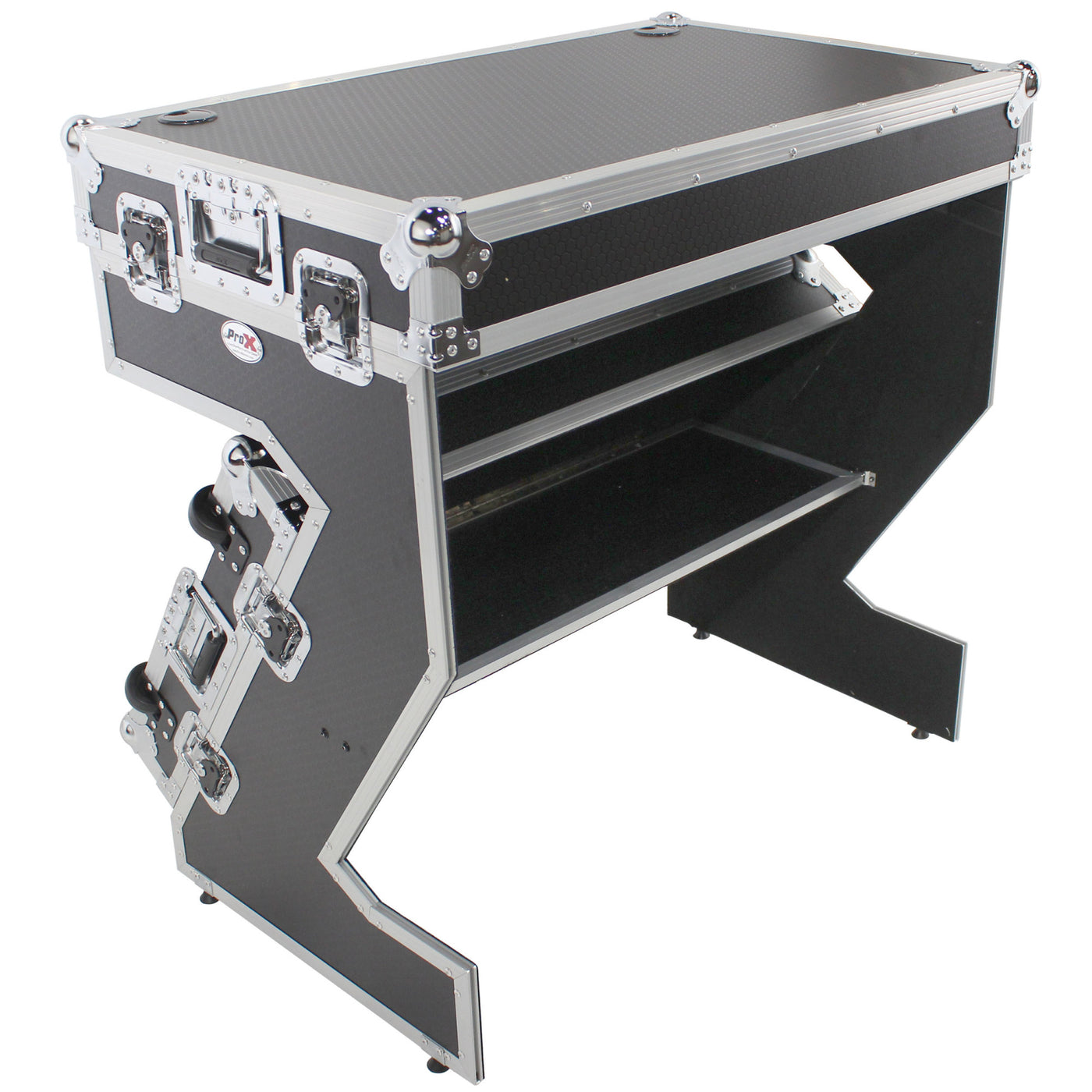 ProX XS-ZTABLEJR DJ Z-Table Junior Workstation, Portable Compact Booth Flight Case Table, With Handles and Wheels, Pro Audio Equipment Storage