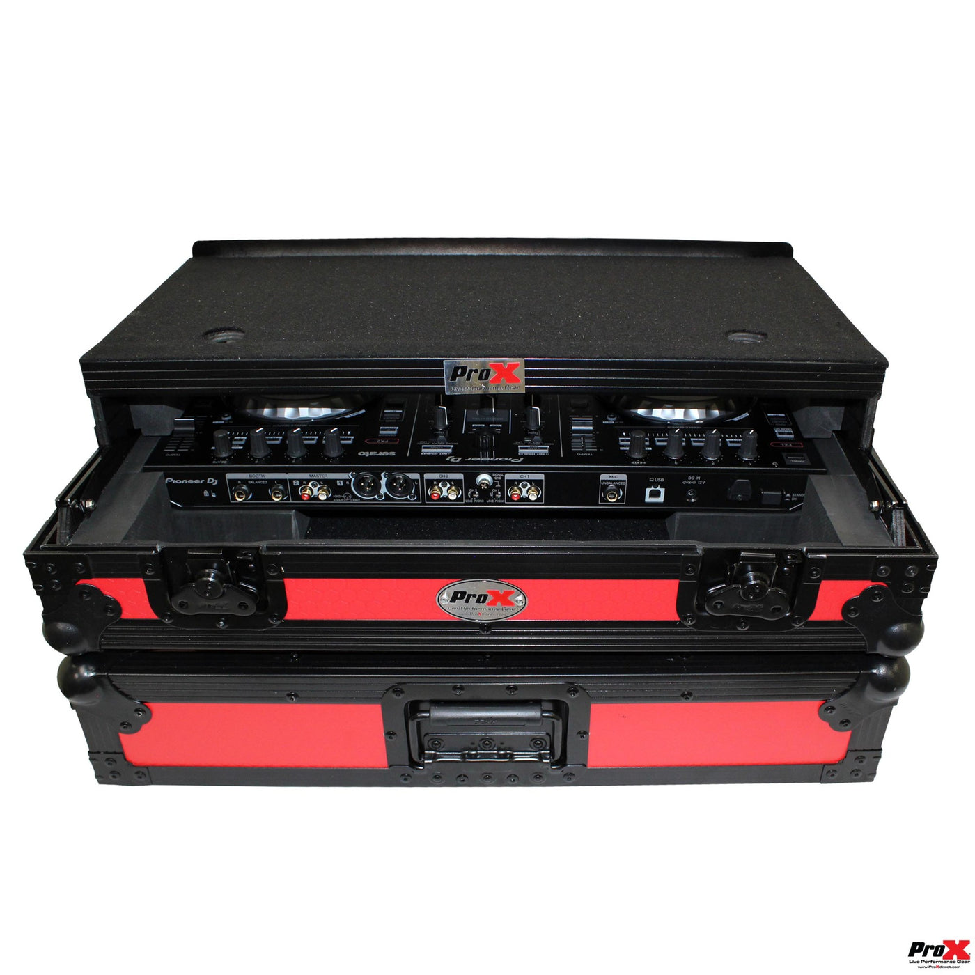 ProX XS-DDJSR2LTRBLED ATA Flight Case, Pioneer DDJ-SR2 DJ Controller, With Laptop Shelf and LED, Pro Audio Equipment Storage, Black Red