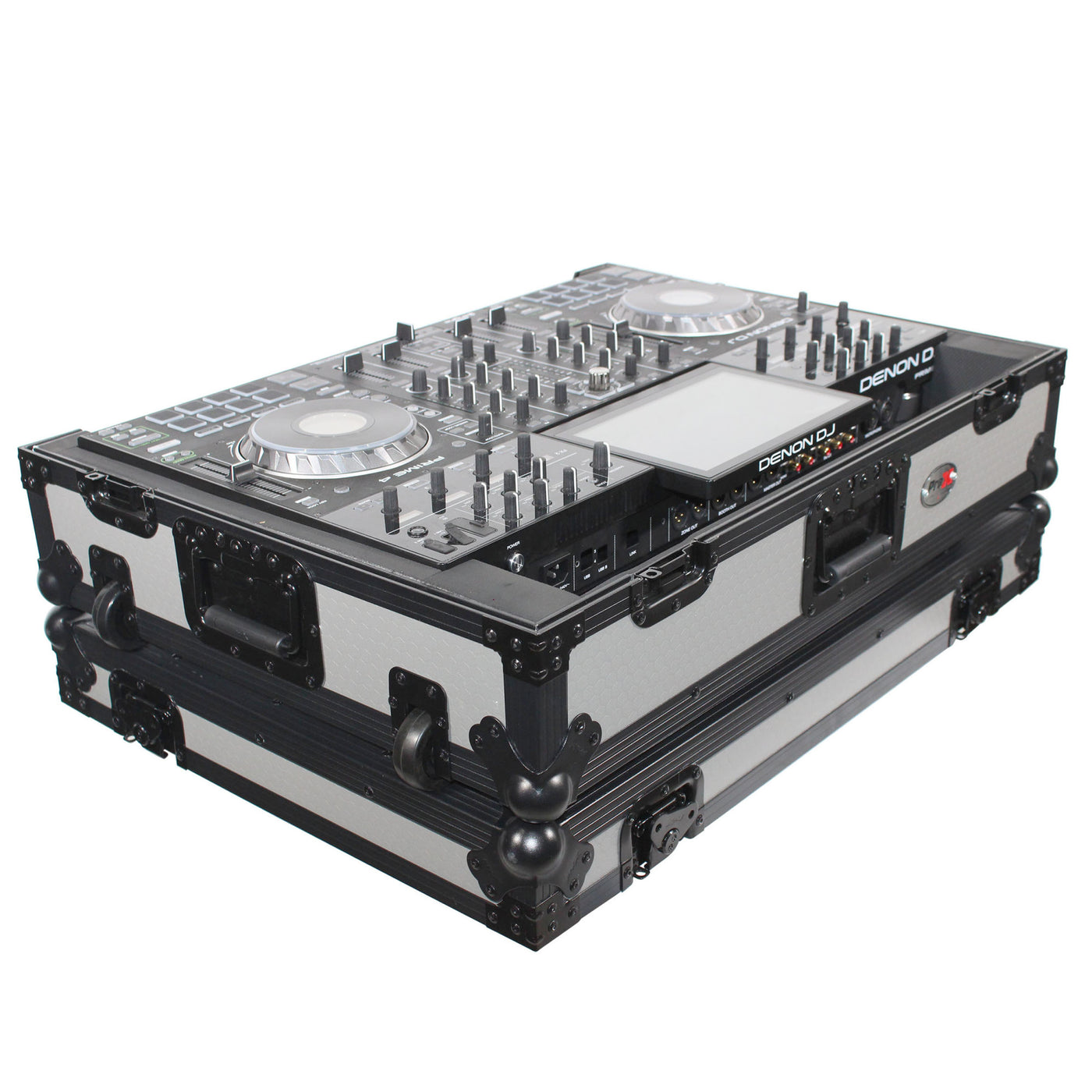 ProX XS-PRIME4WGB ATA-300 Style Flight Case, For Denon PRIME 4 DJ Controller, With 1U Rack Space and Wheels, Pro Audio Equipment Storage, Black Gray
