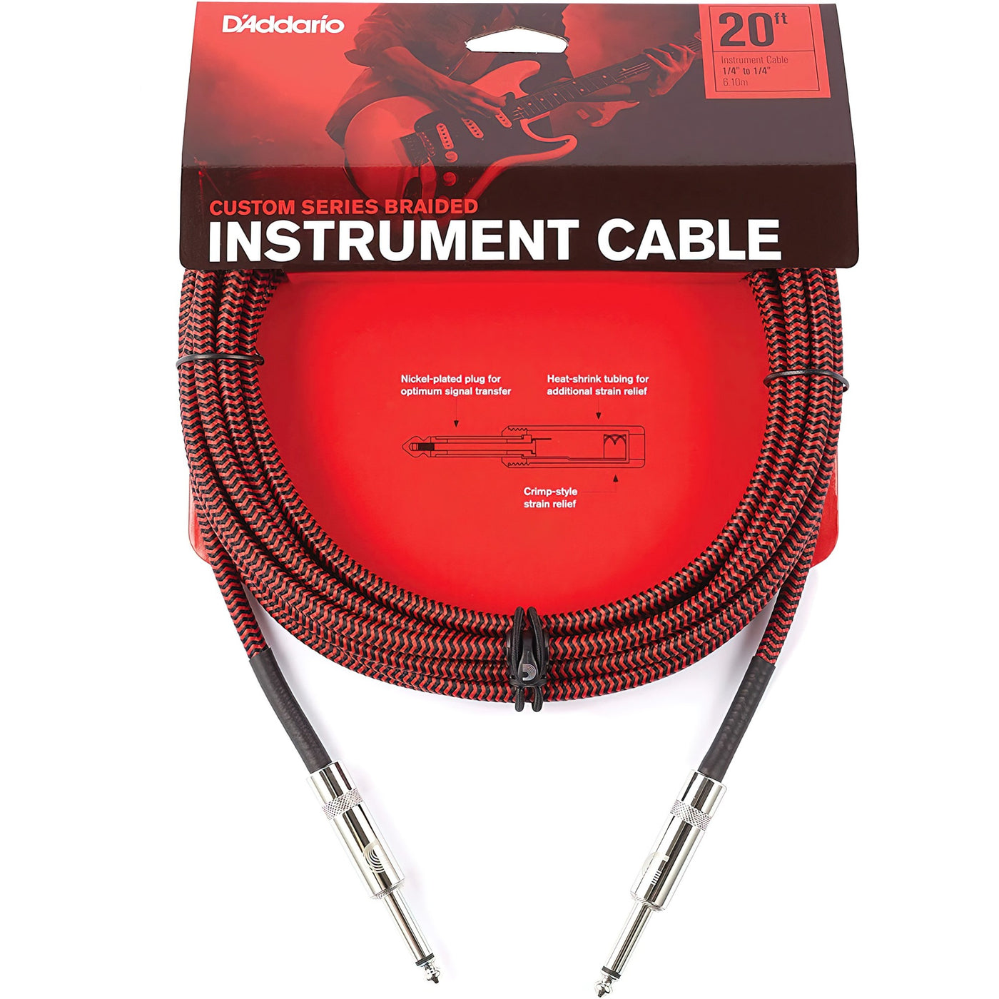 D'Addario Custom Series Braided Instrument Cable, Red, 20' (PW-BG-20RD)