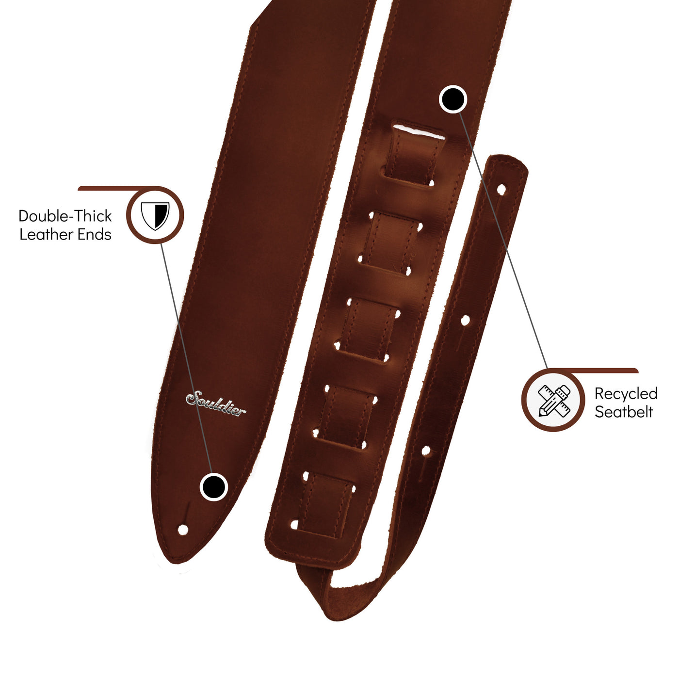 Souldier TGS0000BR02BR - Handmade Souldier Solid Torpedo Strap for Bass, Electric, or Acoustic Guitar, Adjustable Length from 42.5" to 55" Made in the USA, Brown
