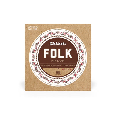 D'Addario Folk Nylon Guitar Strings, Ball End, Silver Wound/Clear Nylon Trebles (EJ32C)