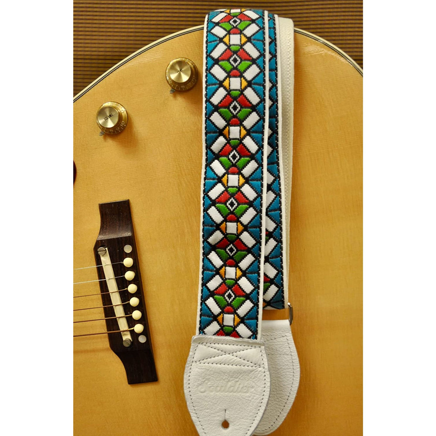 Souldier GS0178WH02WH - Handmade Seatbelt Guitar Strap for Bass, Electric or Acoustic Guitar, 2 Inches Wide and Adjustable Length from 30" to 63"  Made in the USA, Stained Glass, Red